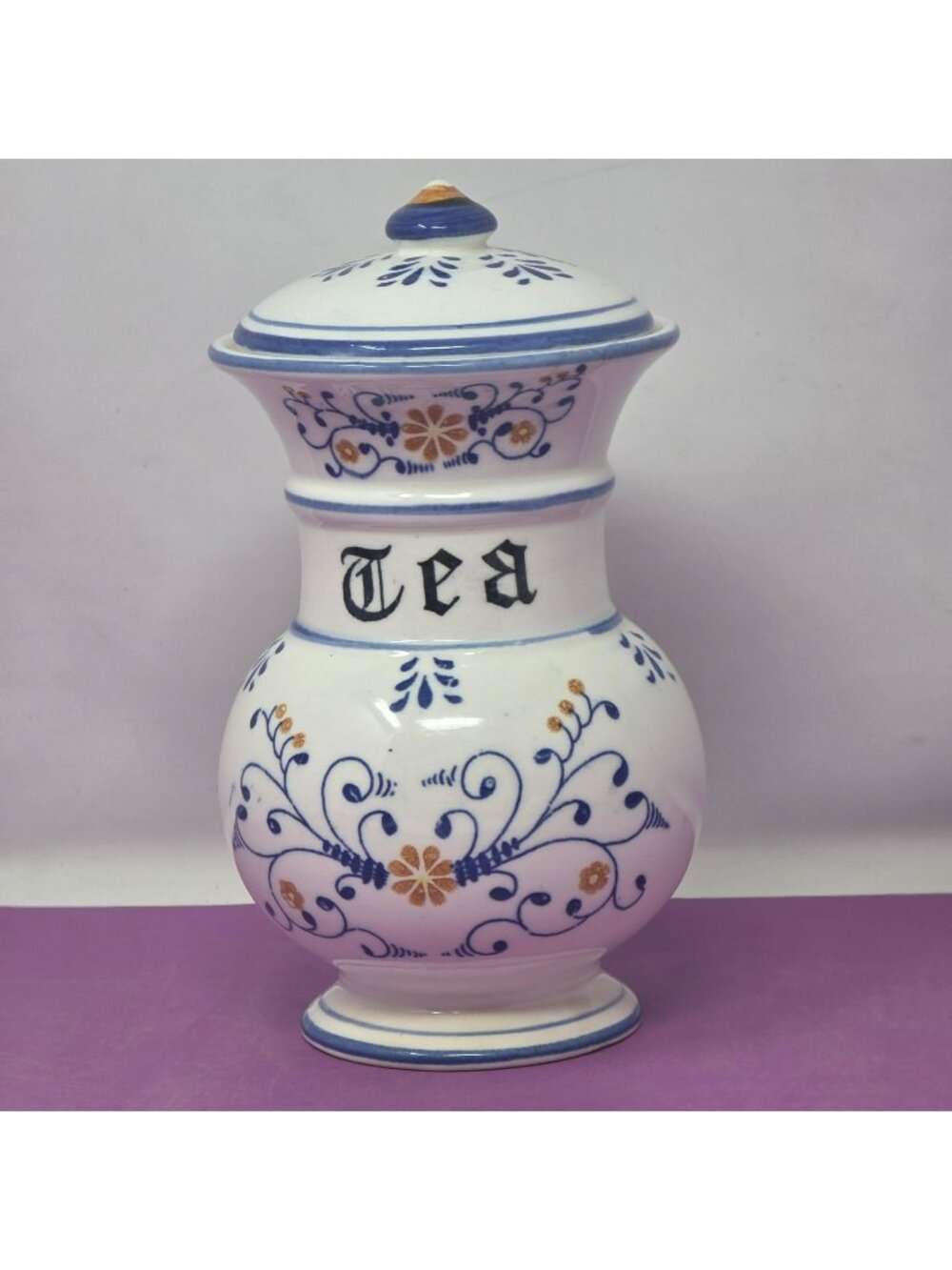 Vintage Royal Sealy Tea Canister With Lid Blue & Gold Floral Design Decorative